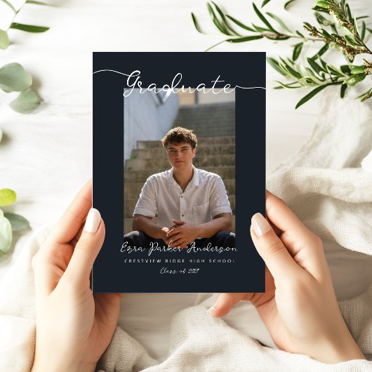 エレガント ダークブルー 卒業発表 フォト付き 招待状