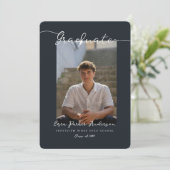 エレガント ダークブルー 卒業発表 フォト付き 招待状 (スタンド正面)