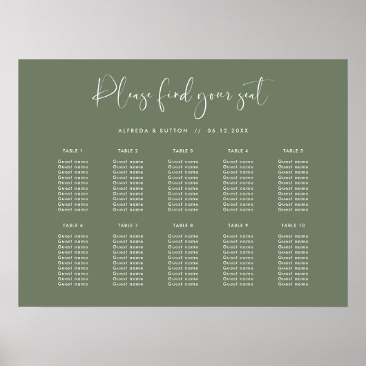 エレガント&ダークモダンセージの結婚シーティングチャート ポスター (正面)