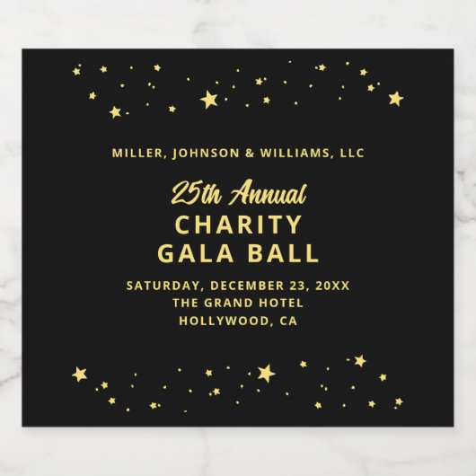エレガント・チャリティー・ガラ・イベント ブラック ゴールド スターズ スパークリングワインラベル (シングルラベル)