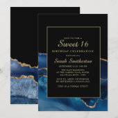 エレガント ネイビーブルー ゴールド アゲート マーブル スイート16 招待状 (正面/裏面)