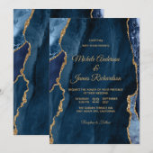 エレガント ネイビーブルー ゴールド フォイル アゲート ウェディング 招待状 (正面/裏面)