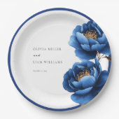 エレガント ネイビーブルー ゴールド フラワー ウェディング ペーパープレート (正面)