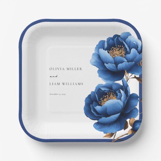 エレガント ネイビーブルー ゴールド フラワー ウェディング ペーパープレート (正面)