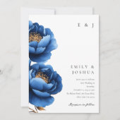 エレガント ネイビーブルー ゴールド フラワー ウェディング 招待状 (正面)