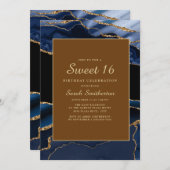 エレガント ネイビーブルー ゴールド マーブル アゲート スイート16 招待状 (正面/裏面)