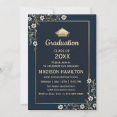 エレガント ネイビーブルー ゴールド 卒業パーティー 招待状 (正面)