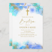 エレガント ネイビーブルー ゴールド 洗礼 誕生 招待状 (正面/裏面)