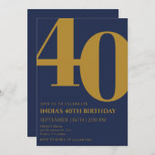 エレガント ネイビーブルー & ゴールド 40歳の誕生日 招待状 (正面/裏面)