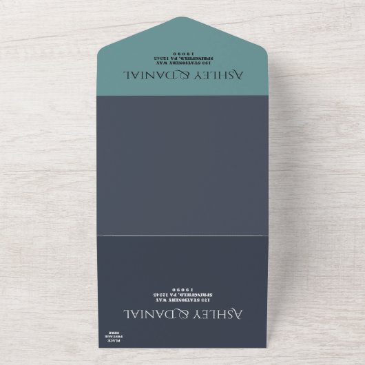 エレガント ネイビーブルー ティール モダン シック ウェディング オールインワン招待状 (外側)