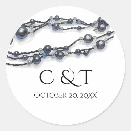 エレガント ネイビーブルー パール ウォーターカラー モダン ウェディング ラウンドシール (正面)