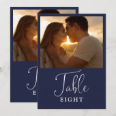 エレガント ネイビーブルー フォト テーブル ナンバー 招待状 (正面/裏面)