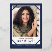 エレガント ネイビーブルー ホイル 卒業発表カード 箔招待状 (正面)