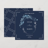 エレガント ネイビーブルー モノグラム セーブ・ザ・デート 招待状 (正面/裏面)