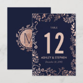 エレガント ネイビーブルー ローズゴールド フラワーテーブルナンバー 招待状 (正面/裏面)