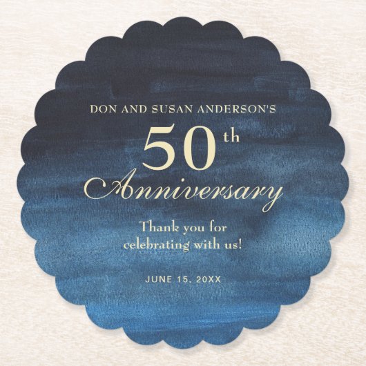 エレガント ネイビーブルー 50周年結婚記念日 ペーパーコースター (正面)