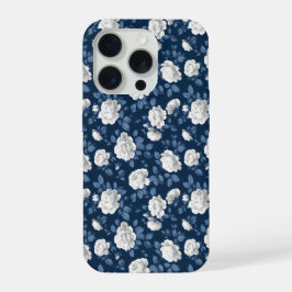 エレガント ネイビー 薔薇 白 フラワー柄 iPhone 15 PROケース
