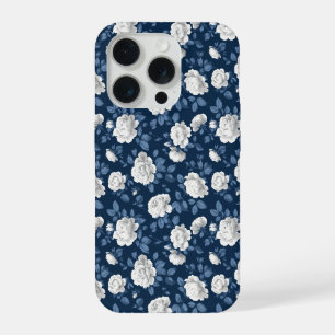 エレガント ネイビー 薔薇 白 フラワー柄 iPhone 15 PROケース