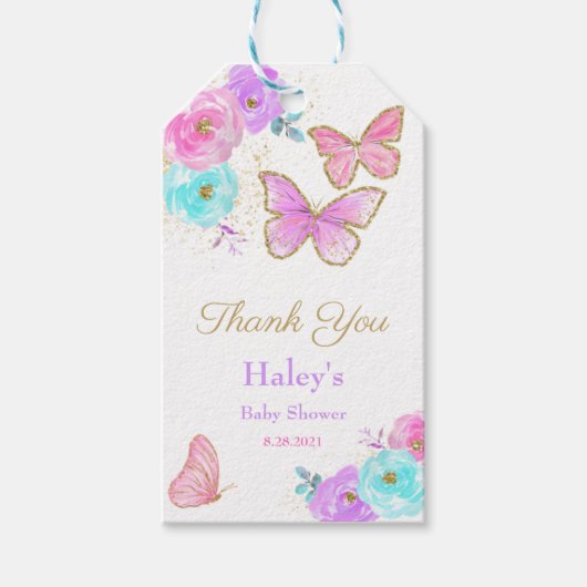 エレガント.バタフライウォーターカラーベビーシャワー ギフトタグ (正面)