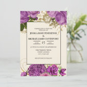 エレガント パープル ゴールド フローラル アイボリー ウェディング インビテ 招待状 (スタンド正面)