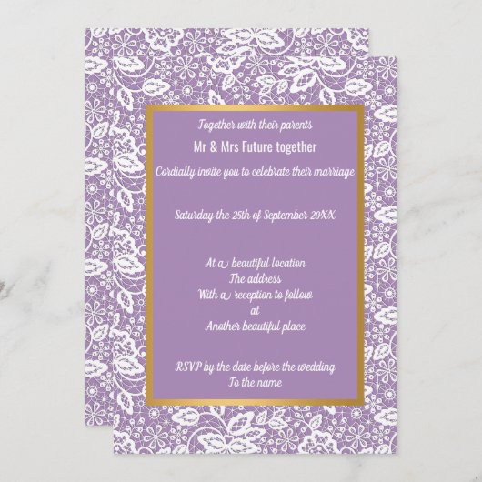 エレガント パープル ゴールド レース ウェディング 招待状 (正面/裏面)