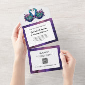 エレガント パープル ゴールド 孔雀 フォト エコ QR ウェディング オールインワン招待状 (貼ってはがせる)