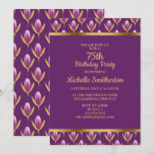 エレガント パープル フラワー ゴールド 75歳 誕生日パーティー 招待状 (正面/裏面)