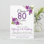 エレガント パープル ペイント フラワー 80歳の誕生日招待状 招待状 (スタンド正面)