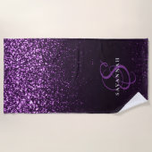 エレガント パープル モノグラム スクリプト おしゃれ グリッター ビーチタオル (正面)