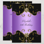 エレガント パープル ライラック ブラック ゴールド フローラル 誕生日 招待状 (正面/裏面)