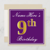 エレガント パープル 偽の金色の9歳の誕生日 + 名前 招待状 (正面/裏面)