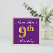 エレガント パープル 偽の金色の9歳の誕生日 + 名前 招待状 (スタンド正面)