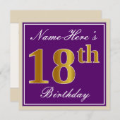 エレガント パープル 偽の金色 18歳の誕生日 + 名前 招待状 (正面/裏面)