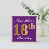 エレガント パープル 偽の金色 18歳の誕生日 + 名前 招待状 (スタンド正面)