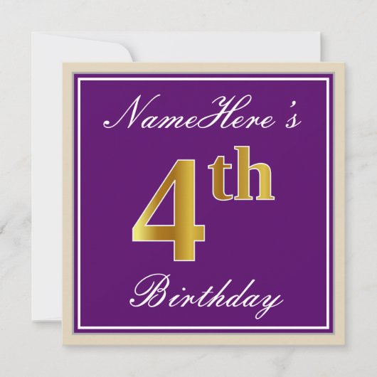 エレガント パープル 偽の金 4歳の誕生日 + 名前 招待状 (正面)