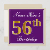 エレガント パープル 偽の金 56歳の誕生日 + 名前 招待状 (正面/裏面)