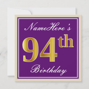エレガント パープル 偽の金 94歳の誕生日 + 名前 招待状