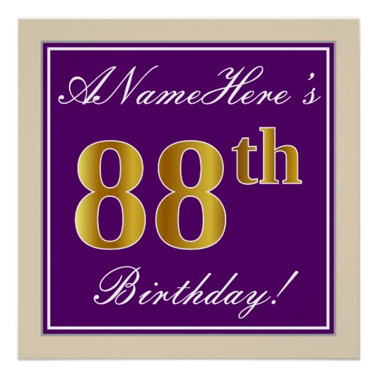 エレガント パープル 偽金色 88歳の誕生日+名前 ポスター (正面)