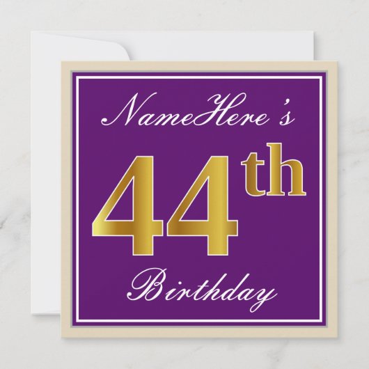 エレガント パープル 偽金 44歳の誕生日+名前 招待状 (正面)
