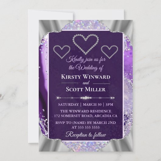 エレガント パープル 偽 ホロ グリッター アゲート ウェディング 招待状 (正面)