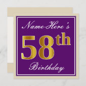 エレガント パープル 擬似ゴールド 58歳の誕生日 + 名前 招待状 (正面/裏面)