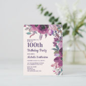 エレガント パープル 水彩 花 100歳の誕生日 招待状 (スタンド正面)