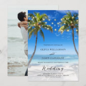 エレガント ビーチ ストリング ライト モダン スクリプト ウェディング 招待状 (正面/裏面)