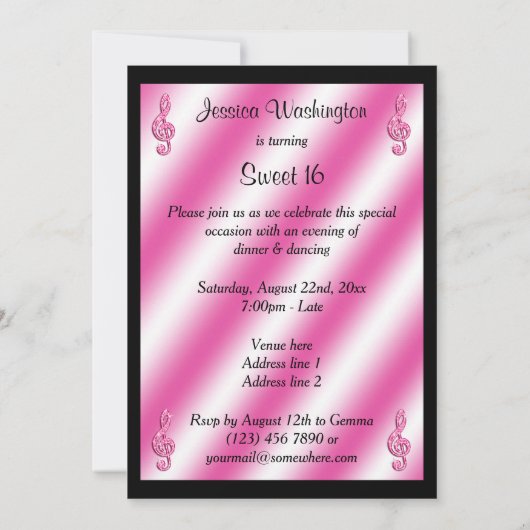 エレガント，ピかわいらしックトレブルクレフ、 音符記号スウィート16 招待状 (裏面)