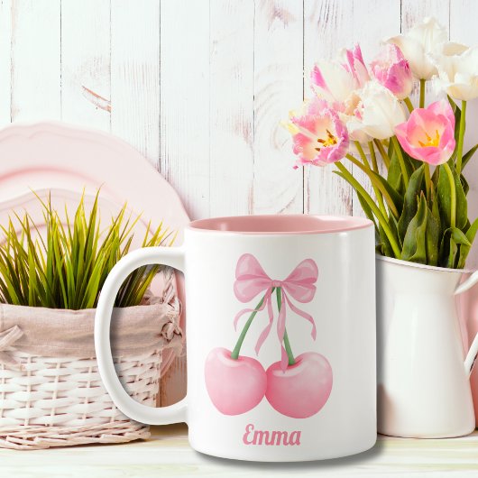 エレガント，ピモダンンク弓のピンクのさくらんぼ,カスタム ツートーンマグカップ