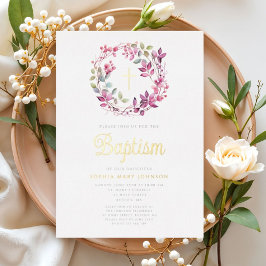 エレガント ピンクの植物画 レリジョス ガール 洗礼  箔招待状