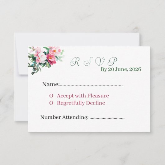 エレガント ピンクの芍薬 水彩フラワーの結婚式 出欠カード (正面)