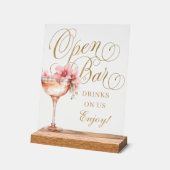 エレガント ピンクゴールド フローラル オープン バー アクリル サイン (傾斜)