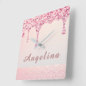 エレガント ピンク グラム グリッター ドリップレース ブライダル シャワー スクエア壁時計 (傾斜)