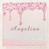 エレガント ピンク グラム グリッター ドリップ ガラスコースター (正面)